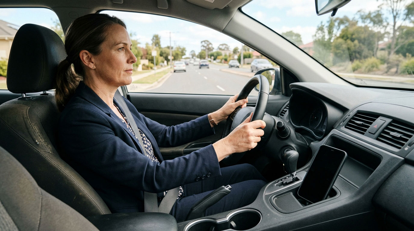 Attentive driver looking at the road with both hands on the wheel and a phone stored in the console.