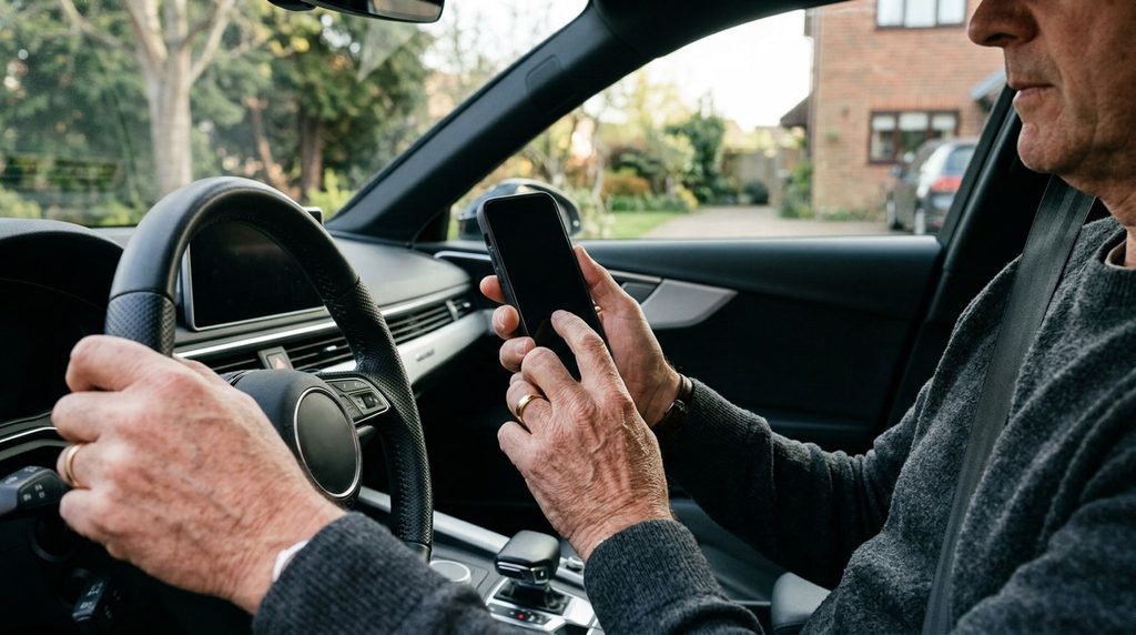 Driver setting up a phone’s driving mode while safely parked before a trip.