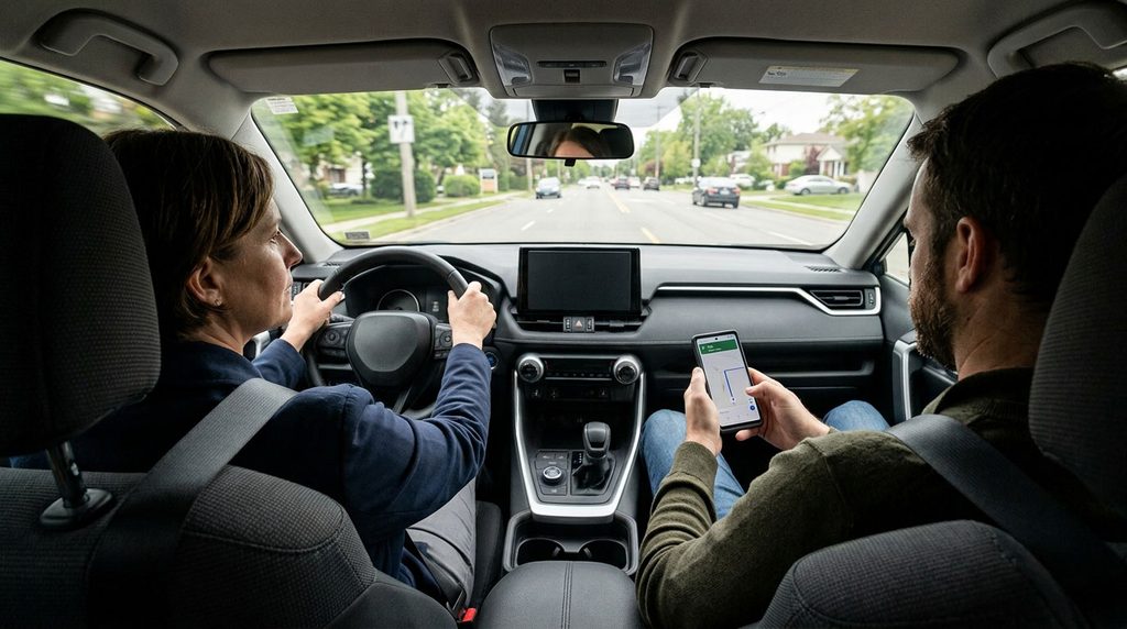 Front passenger checking directions while the driver keeps their attention on the road.